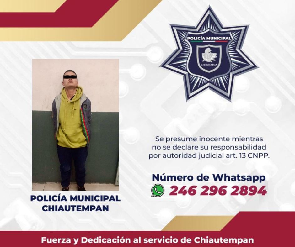 Detiene Policía de Chiautempan a sujeto por presunto robo a comercio